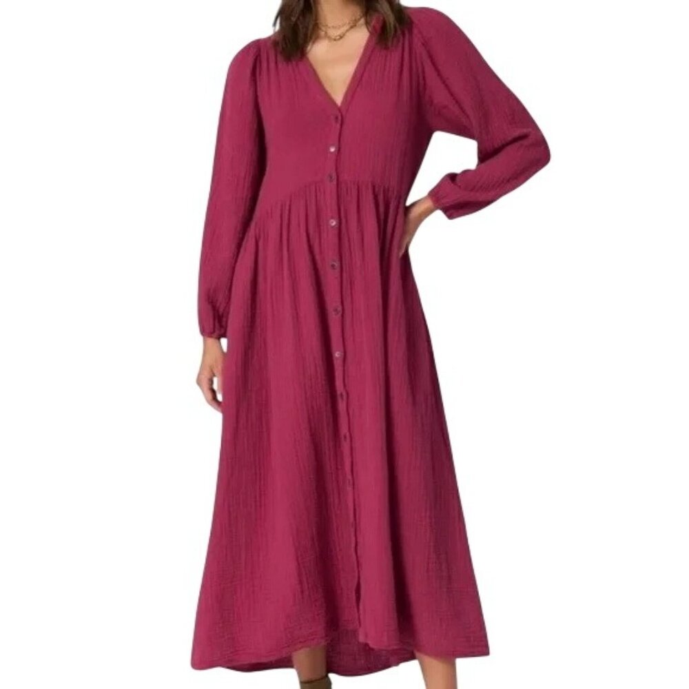 Xirena Charlotte Gauzy Cotton Cranberry Long Sleeve Maxi Button Dress Large